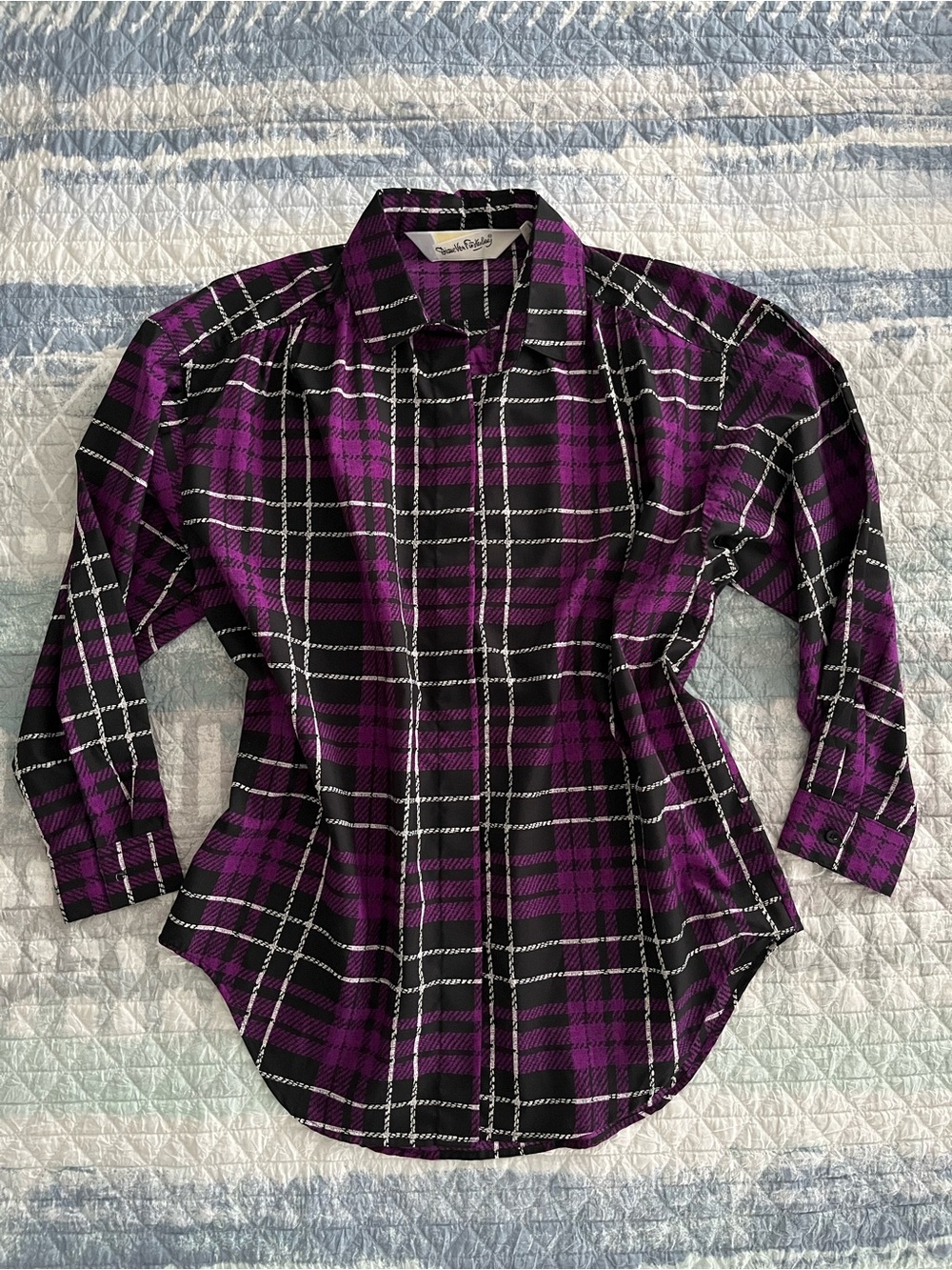 Diane Von Furstenberg VINTAGE Purple and Black Plaid Button-Down Shirt 10113